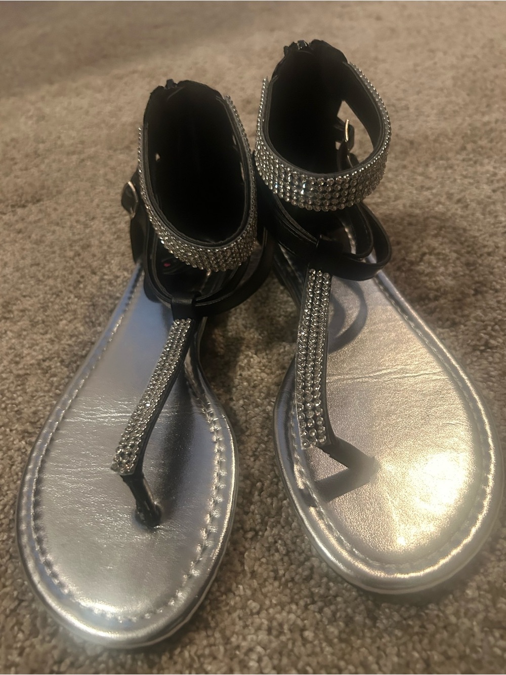 Women's Silver and Black T-Strap Rhinestone Sandals
